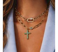 1 pezzo Collana con ciondolo a forma di occhio del diavolo dorato, abbinata a un ciondolo a croce scintillante e catena in acciaio inossidabile, adatta per l'uso al lavoro Tagli UnicaAcciaio inossidab