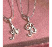 1 pezzo Collana con ciondolo a lettera in argento lucido con strass, adatta per ragazzi e ragazze, gioiello moderno e divertente, perfetto per parco, passeggiata in città, libreria e museo A,B,C,D,E,F