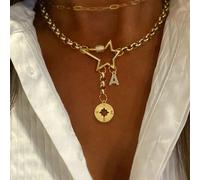1 pezzo Collana con lettera d'oro a forma di stella a cinque punte, abbinata a una collana con stella a otto punte e catena in acciaio inossidabile, adatta per lavoro, vita quotidiana, feste, banchett