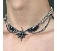 1 pezzo Collana con pendente a forma di ala di piuma nera e stella, stile punk, hip hop, goth, grunge, cool girl, collana choker multistrato in acciaio inossidabile, accessorio di moda gotica e d'avan