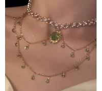 1 pezzo Collana con pendente a goccia d'acqua verde e perle false a doppio strato, catena elegante in osso di lusso per donna Tagli UnicaLega di zinco
