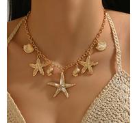 1 pezzo Collana da donna elegante e alla moda con creature marine, stile bohémien per tutte le stagioni, con pendente a forma di stella marina, aragosta e granchio, collana con catena dorata e perline