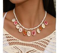 1 pezzo Collana da donna elegante e alla moda per l'estate, gioiello bohémien a tema oceanico, collana con perline in plastica ABS, stella marina dorata, pesciolino, piccolo cavalluccio marino, conchi