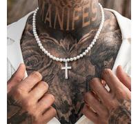 1 pezzo Collana da uomo con ciondolo a forma di croce con iniziale 26 in acciaio inossidabile e perla sintetica da 6 mm per cerimonie L,M,S,H,A,T,O,X,B,C,D,E,F,G,I,J,K,N,P,Q,R,U,V,W,Y,ZAcciaio inossid