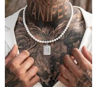 1 pezzo Collana da uomo in acciaio inossidabile con ciondolo a 26 lettere e perla sintetica da 6 mm, adatta per feste L,M,S,H,A,T,O,X,B,C,D,E,F,G,I,J,K,N,P,Q,R,U,V,W,Y,ZAcciaio inossidabile