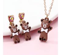 1 pezzo Collana e 2 pezzi Orecchini Set di gioielli in lega di zinco a forma di orsetto, dipinti in marrone caffè, con cristalli colorati a forma di cuore, adatto per uso quotidiano delle ragazze Tagl