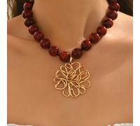 1 pezzo Collana elegante e sensuale di alta gamma in resina color giada con pepita d'oro, perline CCB asimmetriche, perle di finta ambra con perle verde scuro, perle floreali rosso scuro con ciondolo 