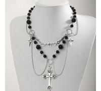 1 pezzo Collana gotica vintage in stile con doppio strato, perle lucide, nappine e croce a stella, collana versatile punk rock vintage dolce gotica, design choker gotico scuro europeo americano Y2K Ta
