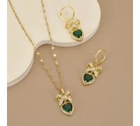 1 pezzo Collana in acciaio inossidabile con ciondolo a forma di farfalla completamente tempestato di cristalli e zirconi a forma di cuore verde, 1 Coppia di Orecchini in acciaio inossidabile con ciond