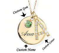 1 pezzo Collana personalizzata con nome, iniziale e pietra natale per donna, collana con ciondolo a moneta in oro con nome "A", gioiello personalizzato, regalo per mamma, regalo di Natale per lei 45+5