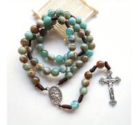 1 pezzo Collana rosario cattolica con ciondolo a croce, ispirata al vintage, fatta a mano con perle blu e verdi, gioielli artigianali per un uso durante tutto l'anno, gioielli spirituali Tagli UnicaPM