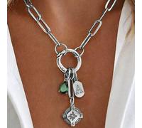 1 pezzo Collana rotonda in argento con lettera A-Z e catena con diamante verde a bussola, lusso unico, catena in acciaio inossidabile, regalo decorativo per il lavoro quotidiano delle donne L,M,S,H,A,