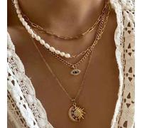1 pezzo Collana set di gioielli con pendente oversize in strass, perle, sole, luna e stelle a più strati, accessorio da donna per uso quotidiano Tagli UnicaLega di zinco