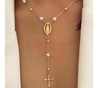 1 pezzo Collana vintage a forma di Y con pendente a croce e Vergine Maria, perle false, accessorio da donna per feste e uso quotidiano (perle casuali) Tagli UnicaRame