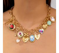 1 pezzo Collana vintage in catena spessa con diversi charm a forma di cuore, gioiello di vintage per donna (realizzato a mano, con leggere variazioni nel motivo) Tagli UnicaLega di zinco