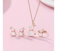 1 pezzo Collane , 1 paio Clip-on Orecchini e 1 pezzo Anello per ragazze , lega di zinco materiale con carino modello coniglio , rosa e bianco rivestito con lucido , elegante e delicato Set per quotidi