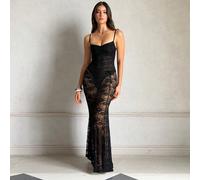 1 pezzo Completo da festa luccicante, set da donna a 2 pezzi con schiena scoperta e spacco alto, design in pizzo nero sexy canotta. Adatto per appuntamenti quotidiani, uscite serali, attività in disco