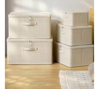 1 pezzo Contenitore pieghevole con cerniera e maniglia, scatola di immagazzinaggio beige, in poliestere e lino, quadrata, con coperchio, solida e concreta, multiuso per conservare vestiti, giocattoli 