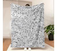 1 pezzo Coperta da divano stampata su un lato in stile graffiti nero & bianco, con elementi carini & giocosi come cuori, animali, torte, disponibile in più misure, coperta decorativa comoda adatta per