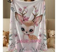 1 pezzo Coperta personalizzabile con testo per famiglia, motivo a cervi cartoni animati, coperta commemorativa. Adatta come regalo per ragazze, ragazzi, adulti, San Valentino, leggera, coperta per neo