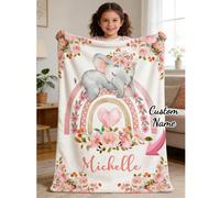 1 pezzo Coperta personalizzata con nome, fiori e elefante rosa - Coperta personalizzata per amici e famiglia - Coperta leggera e morbida per divano, letto, viaggio e campeggio - Regalo accogliente lav