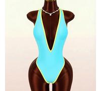 1 pezzo Costume da bagno intero sexy da donna, a blocchi di colore nero e bianco, body aderente con scollo a V profondo, schiena aperta e design con fiocco, adatto come outfit di alta gamma per San Va
