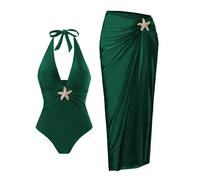 1 pezzo Costume da bagno monocolore taglia comoda con accenti metallici e gonna copricostume, indossabile sia in spiaggia che nella vita quotidiana, adatto all estate per le donne 0XL,1XL,2XL,3XL,4XLC