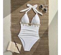 1 pezzo Costume da bagno nuovo per il 2026, costume da bagno elegante da spiaggia estiva bianco con collo a canottiera, set costume da bagno da festa con decorazione di stelle marine e conchiglie dora