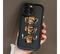 1 pezzo Custodia nera opaca per telefono in bambù seducente, anti-caduta, con motivo dipinto UV di 3 scimmie che fumano astratte, divertente, compatibile con 11 12 13 14 Plus 15 Pro Max 16 Pro IPhone 