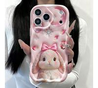 1 pezzo Custodia per telefono con bordo ondulato, stampa a scacchi rosa e ciliegie, in TPU morbido, antiurto e protettiva, con motivo carino di coniglietto rosa + fiocco + luna, compatibile con telefo