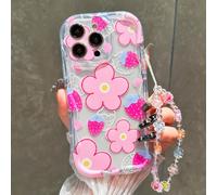 1 pezzo Custodia per telefono con fiori e fragole, rosa e carina, con cinturino da polso con perline, antiurto, compatibile con iPhone 15/11/12/13/14/XR/XS/Pro/Max, unisex con cordino alla moda, versi