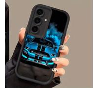 1 pezzo Custodia per telefono con motivo auto da corsa Sky Eye Stair Dark Night Racing Blue Flame Stripe, cornice in pelle nera, protezione antiurto in TPU morbido, compatibile con GALAXY, HONOR e alt