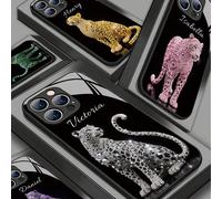1 pezzo Custodia per telefono in vetro temperato liquido personalizzata con strass neri a motivo leopardato, alla moda, in materiale TPU morbido, antiurto, anti-graffio e anti-impronta digitale, compa