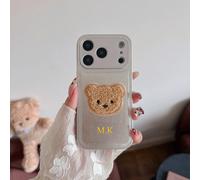 1 pezzo Custodia personalizzata di lusso per telefono in pelle con texture ricamata a forma di orso, con lettera nome personalizzabile, compatibile con Apple 17 16 15 14 13 12 11 Pro Max 16 Plus 17 Ai