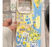 1 pezzo Custodia protettiva per telefono estiva alla moda, con elementi decorativi a tema limone, collage di foglie e texture in pelle di litchi, anti-caduta e antiscivolo, compatibile con Apple e alt