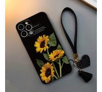 1 pezzo Custodia protettiva per telefono spessa con bordo dritto perforato, dipinta con motivi leopardati e girasoli, con accessori decorativi: nuovo cinturino da polso in pelle a forma di cuore, cion