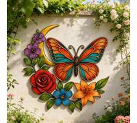 1 pezzo Decorazione da parete in metallo a forma di luna e farfalla - Design piatto 2D con farfalle colorate, fiori e foglie verdi. Una decorazione da parete in stile bohémien, questa scultura/murale 