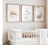 1 pezzo, Decorazione da parete per cameretta su tela con cornice, dipinto decorativo acquerello orso dormiente luna e nuvola, tema foresta per l'ora del sonno, può essere appeso direttamente nell'ango
