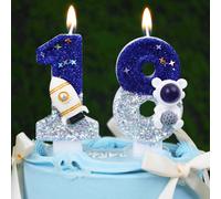 1 pezzo Decorazione per torta a forma di razzo e astronauta nello spazio blu con numeri da 0 a 9 decorati con stelle brillanti, candele per feste di compleanno a tema spaziale per bambini, adatte per 