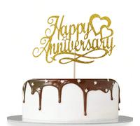 1 pezzo Decorazione per torta "Buon anniversario" dorata e glitterata - Disegno romantico a doppio cuore, adatta per decorazioni di anniversario di matrimonio, San Valentino, rinnovo dei voti Tagli Un