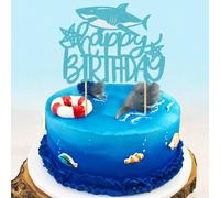 1 Pezzo Decorazione per torta di compleanno a tema squalo, di colore blu cielo, allegro, con brillantini, a tema marino/oceano, per feste di compleanno Tagli Unica,Nuovo squalo HB2 SharkAnimale,Letter