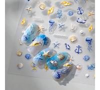 1 pezzo di adesivi per decorazione di unghie, tema spiaggia e oceano, con calamari, stelle marine e conchiglie, 5D, accessori per arte di unghie fai-da-te per donna Animale,Piante,stampa dappertuttoCa