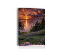 1 pezzo di arte murale con paesaggio da giardino in riva al mare al tramonto, colori del tramonto, vegetazione lussureggiante e fiori in fiore, poster, stampe, arredamento (60x90 cm/senza cornice)