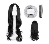 1 pezzo di capelli ricci lunghi neri, viene fornito con 1 rete per capelli, 1 pettine, parrucca lunga per donne, parrucca ondulata lunga, capelli sintetici, adatta per l'uso quotidiano