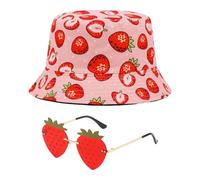 1 Pezzo di Cappello A Secchiello alla Fragola E 1 Pezzo di Occhiali alla Fragola, Cappello di Protezione Solare per Donna, Cappello di Protezione UV, Occhiali da Sole Creativi, Accessori Moda