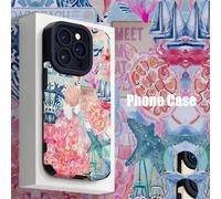 1 pezzo di custodia morbida in silicone per telefono con elementi dell'oceano in rosa e blu, motivo a puzzle di creature marine in blu chiaro e rosa, texture in finta pelle a righe verticali, antiurto