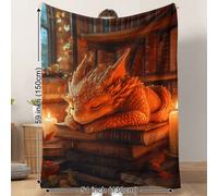 1 pezzo di morbida e calda coperta in peluche con un simpatico drago sdraiato su un libro magico, con stampa di un mondo fantastico, mostri e fiori, adatta per tutto l'anno per il soggiorno, il divano