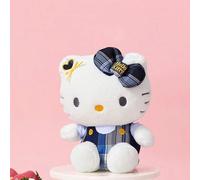 1 pezzo di peluche di Hello Kitty seduta di 20 cm, con motivo a scacchi blu navy, realizzata in morbido peluche corto, con classico fiocco rosso e design di salopette blu, perfetta come compagna domes