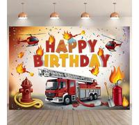 1 pezzo di striscione di sfondo per festa di compleanno a tema camion dei pompieri, con design vivace di camion dei pompieri ed elicottero, perfetto per decorazioni di compleanno, props fotografici, d