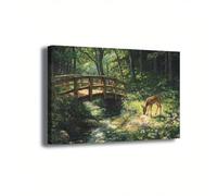 1 pezzo di tela con paesaggio forestale stampa di cervi pacifici ponte di legno rustico sul ruscello opera d'arte naturalistica soggiorno 50x70 cm senza cornice